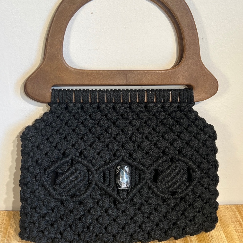 Vtg Homemade Black Big Bead Macrame Style Lined Bag Faux Wooden Plastic Handle